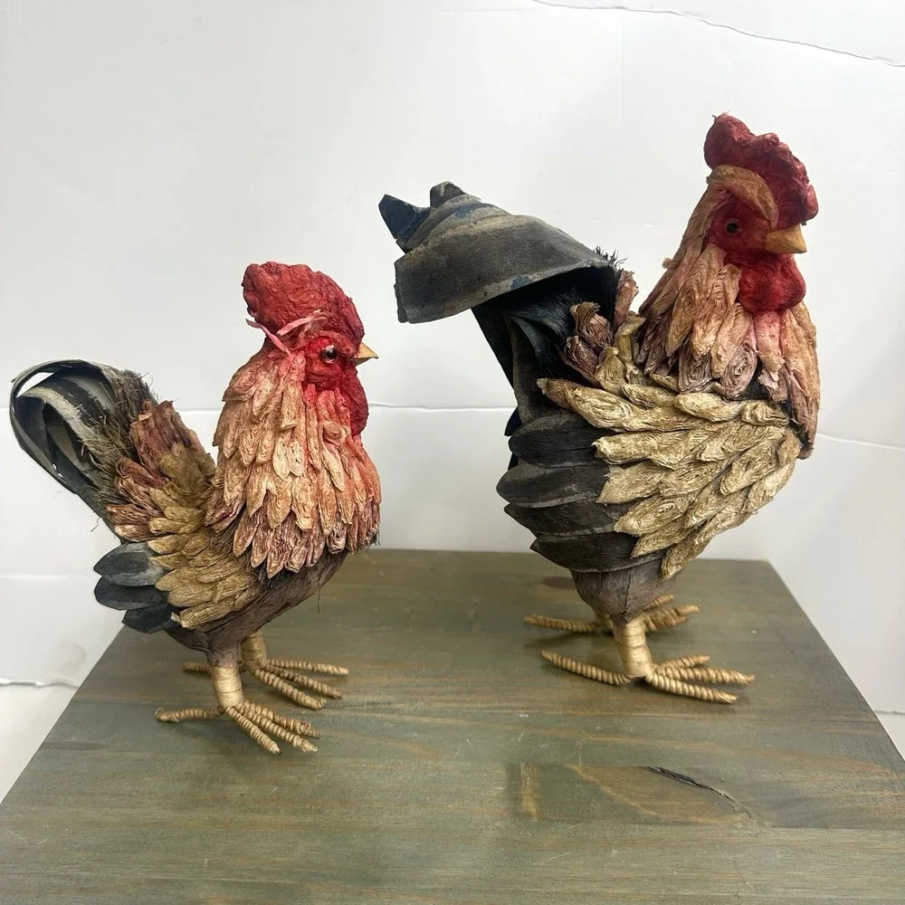 Set / 2 Vintage Paper Mache Rooster Chicken Hen Multi-colored Raffia Lightweight